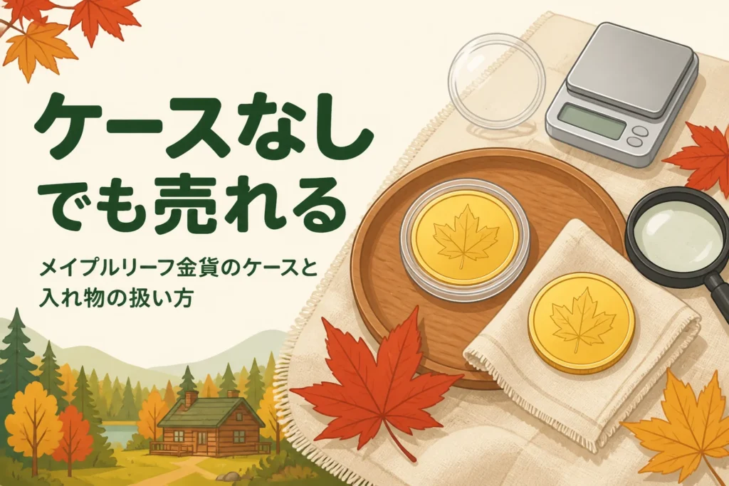 ケース入りとケースなしのメイプルリーフ金貨のイメージのイラスト