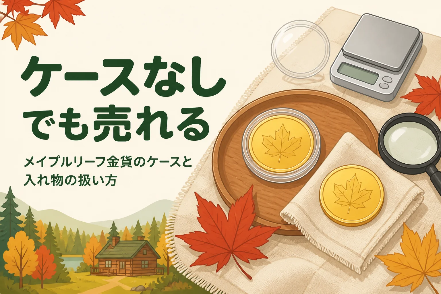 ケース入りとケースなしのメイプルリーフ金貨のイメージのイラスト