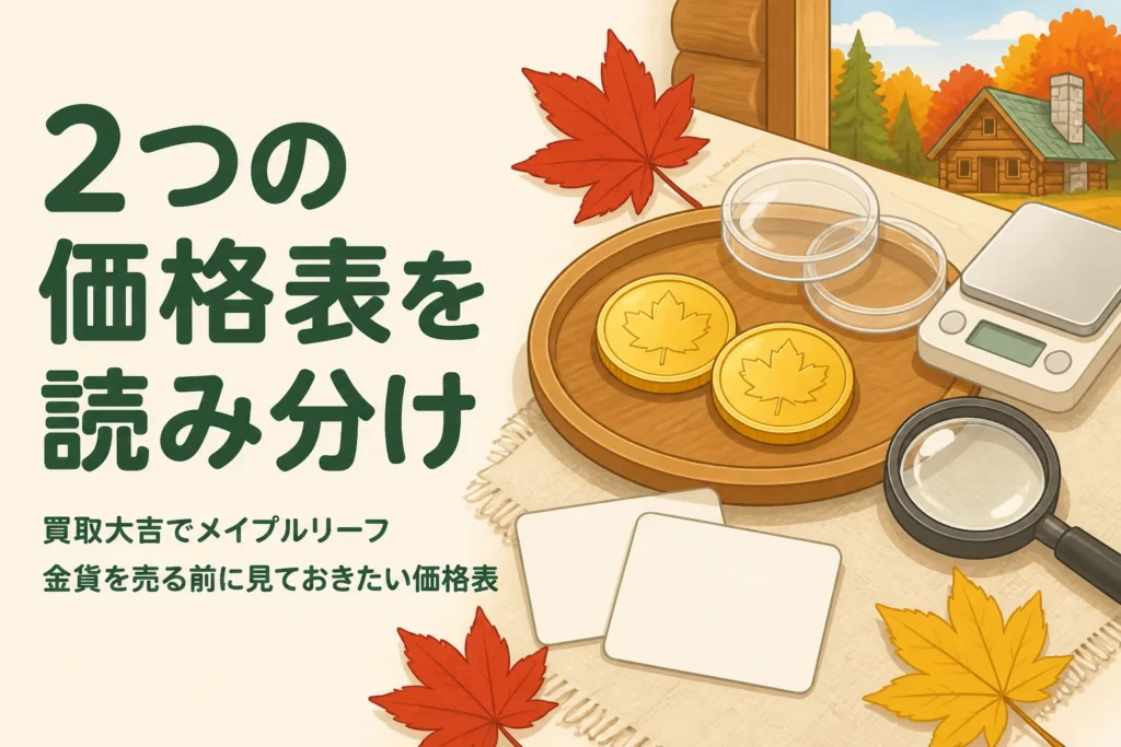 買取大吉でメイプルリーフ金貨を売る前の価格表の読み分けを表すアイキャッチ