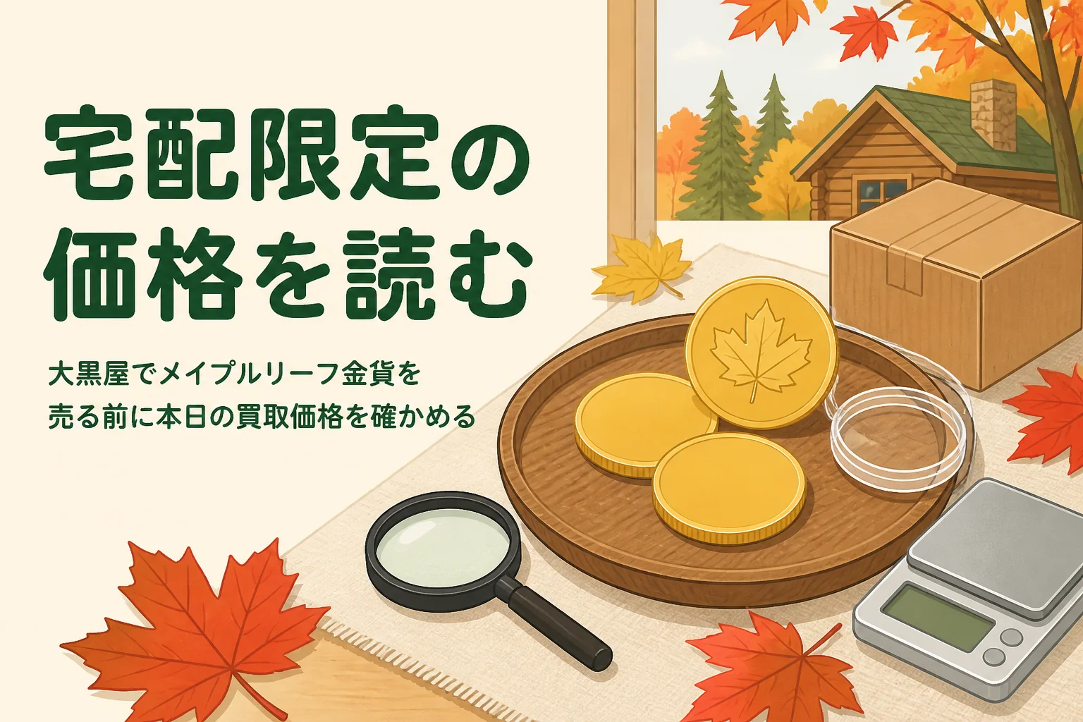 大黒屋でメイプルリーフ金貨を売る前の宅配限定の価格の読み方を表すアイキャッチ