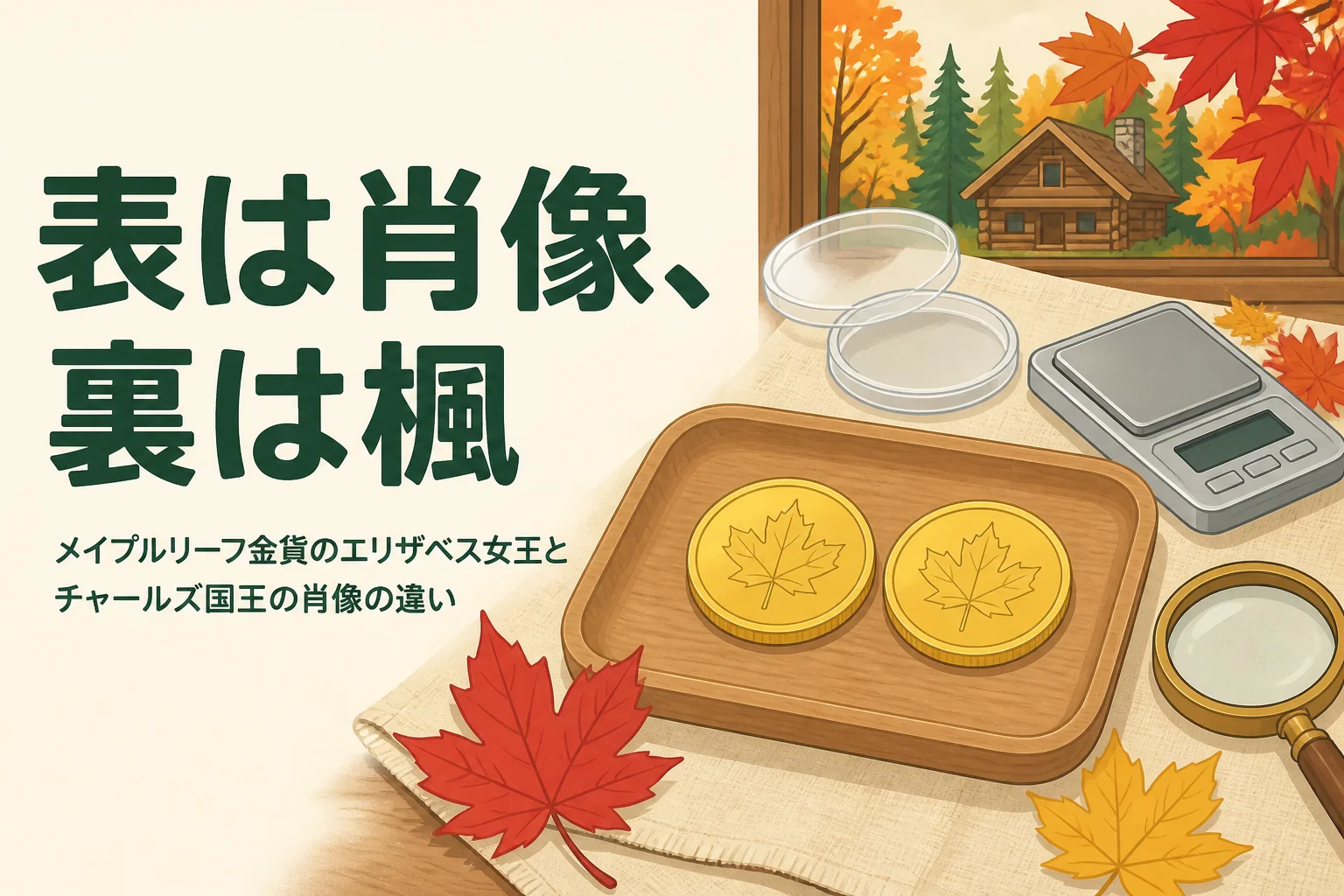 メイプルリーフ金貨の肖像とカエデの葉のデザインを確かめるイメージのイラスト