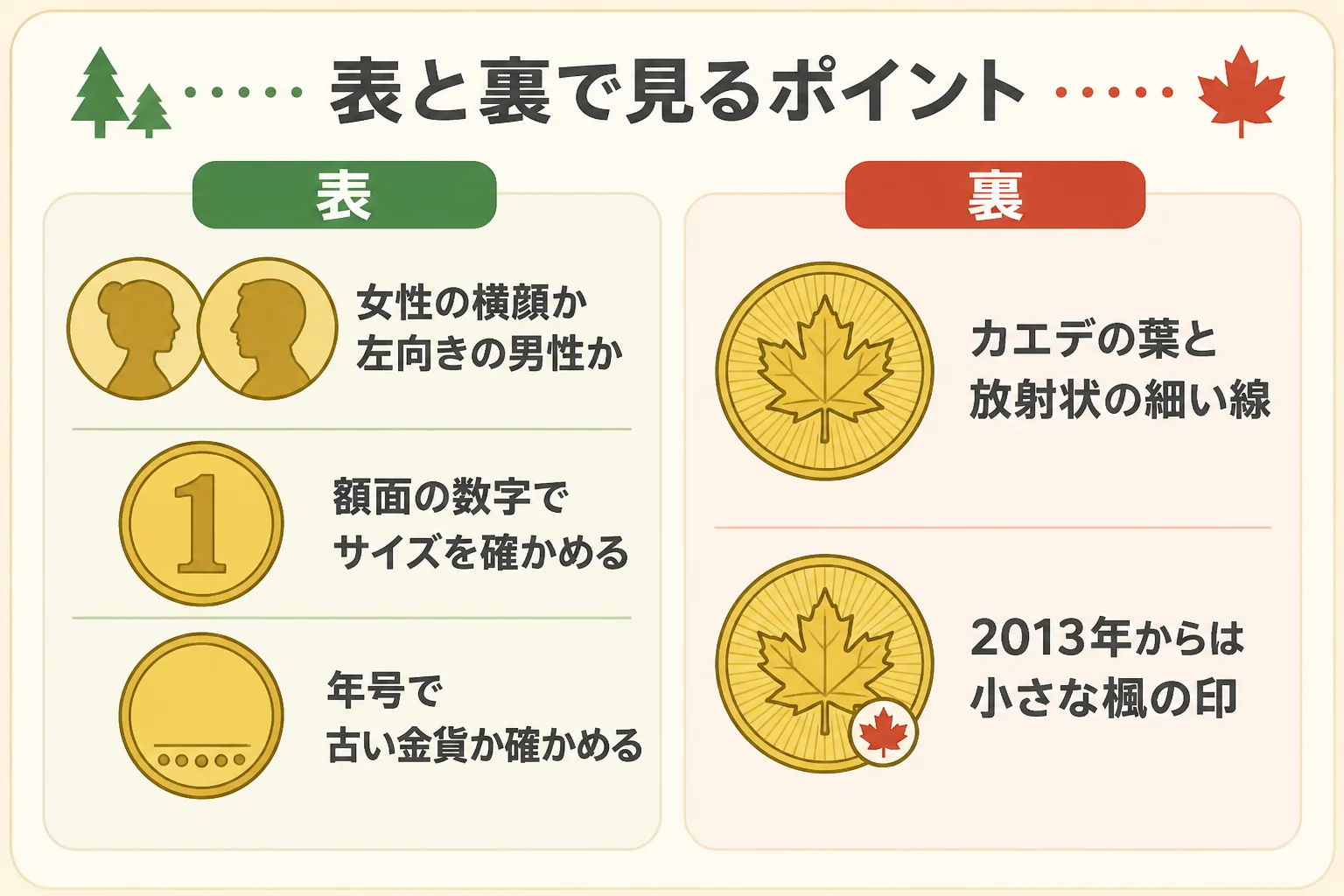 メイプルリーフ金貨の表と裏で見るポイントをまとめた図解