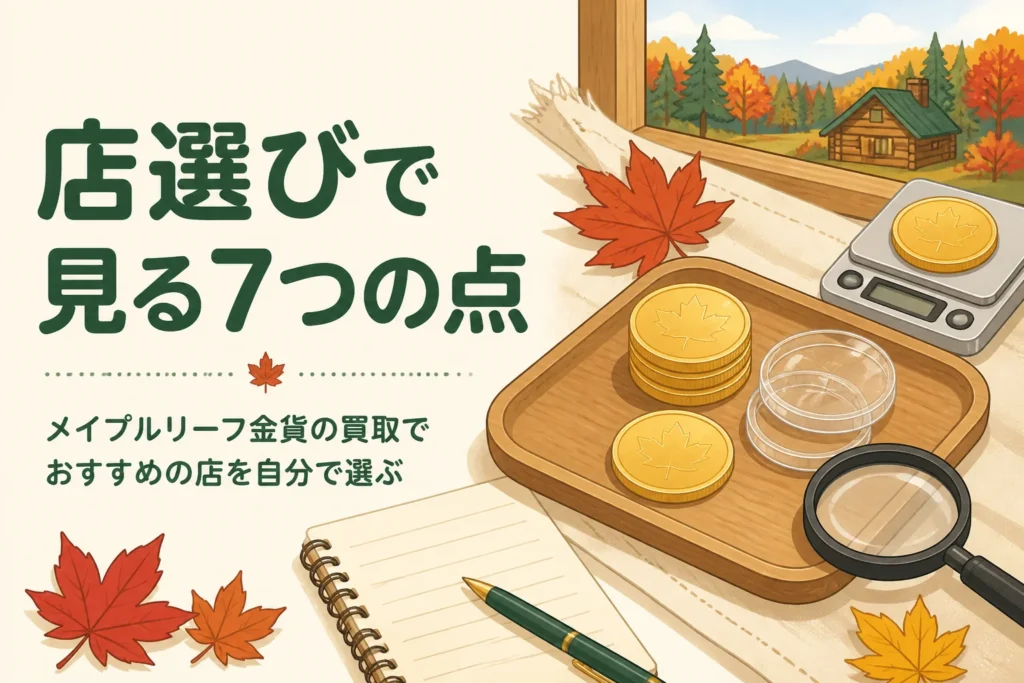 メイプルリーフ金貨の買取でおすすめの店を選ぶ7つの点を表すアイキャッチ