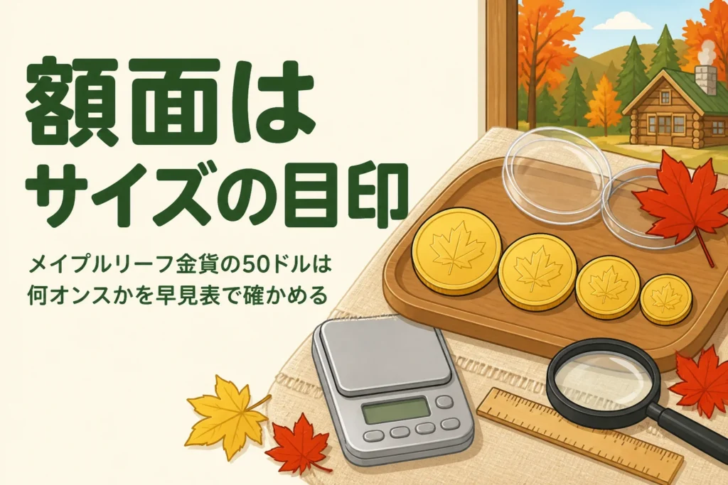 メイプルリーフ金貨の50ドルなど額面の見方を案内する記事のアイキャッチ