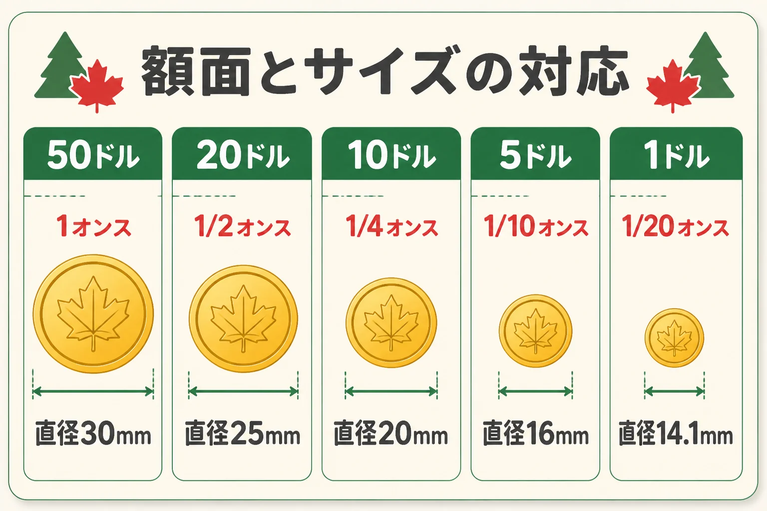 額面とサイズの対応を示した図解