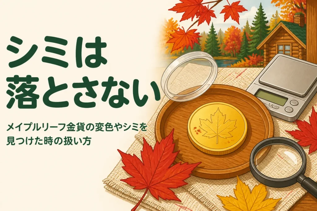変色したメイプルリーフ金貨をルーペで見るイメージのイラスト