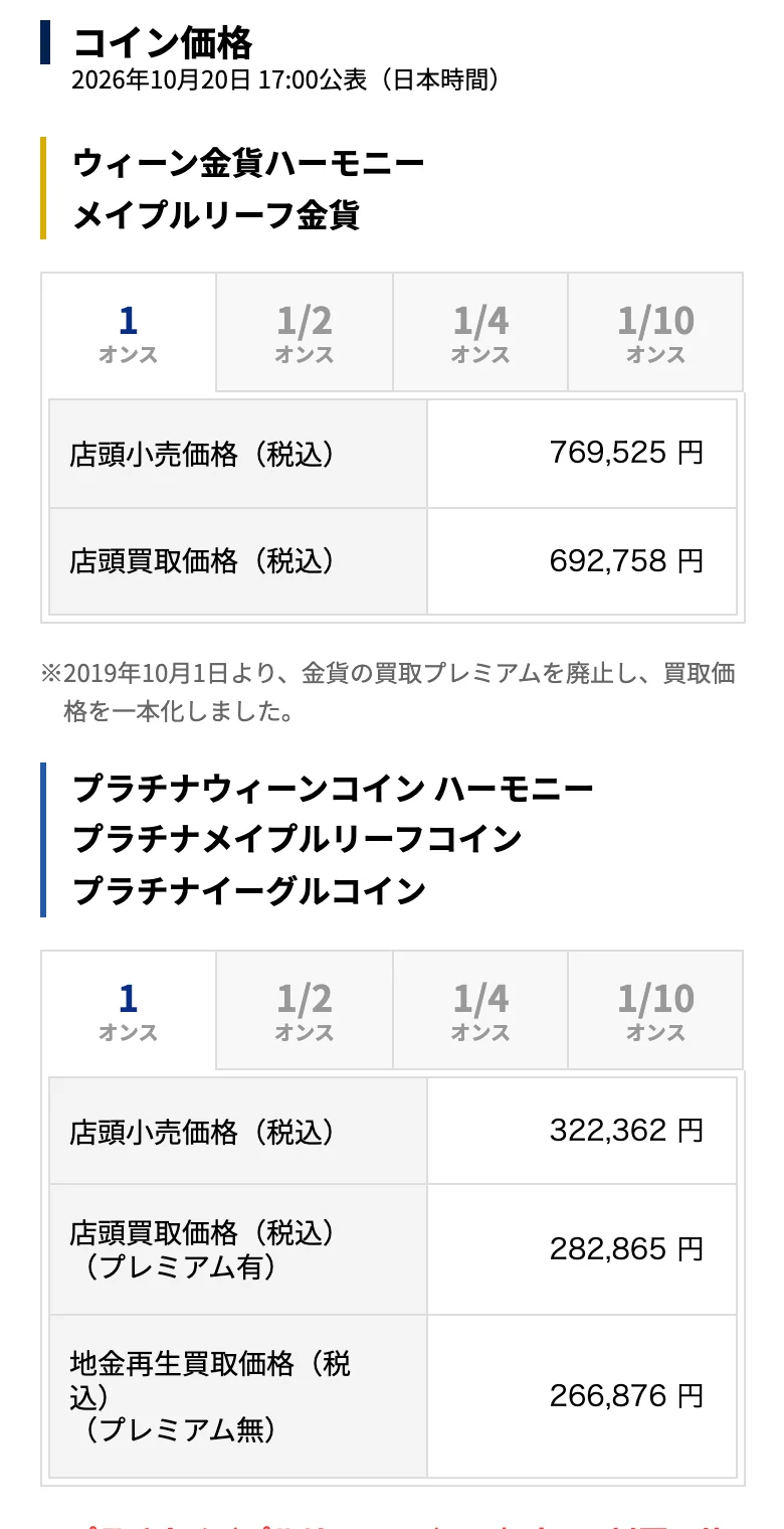 田中貴金属公式サイトのメイプルリーフ金貨のページ
