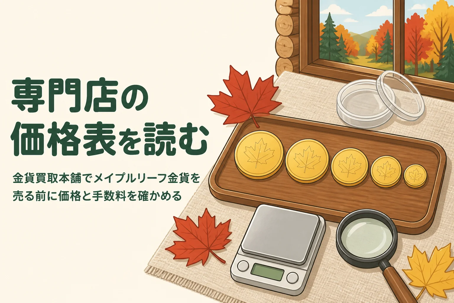金貨買取本舗でメイプルリーフ金貨を売る前の価格表と手数料の確かめ方を表すアイキャッチ