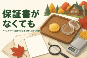 メイプルリーフ金貨と書類のイメージのイラスト