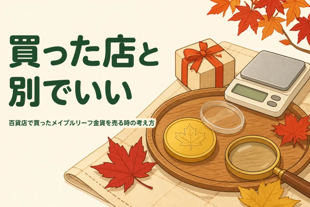 百貨店で買ったメイプルリーフ金貨を売る時の考え方を表すアイキャッチ