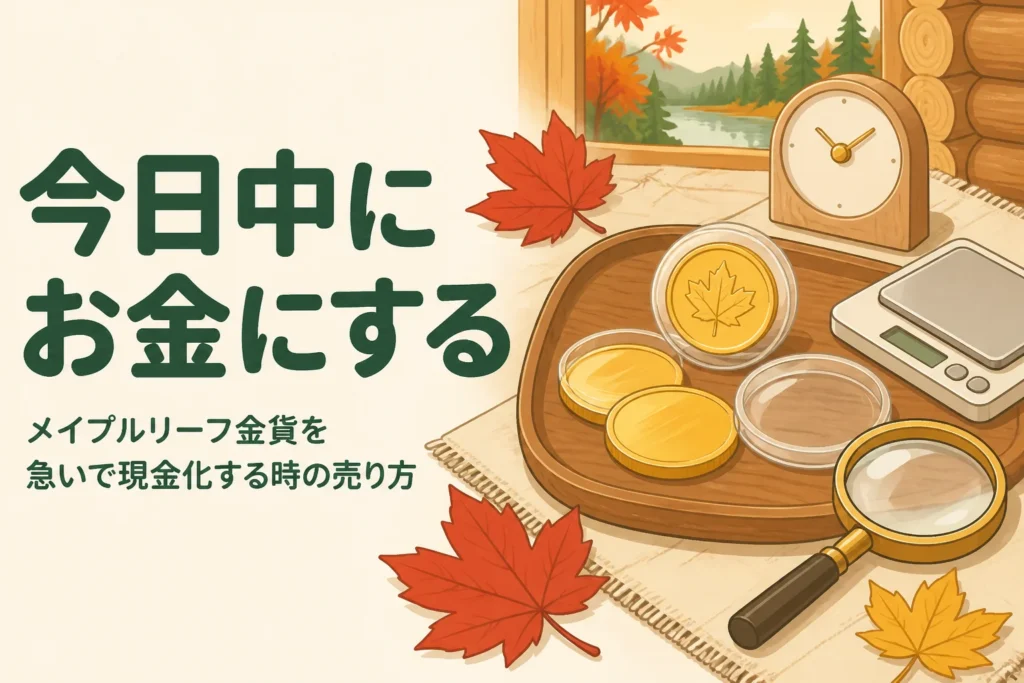メイプルリーフ金貨を今日中に現金化することを表したアイキャッチ