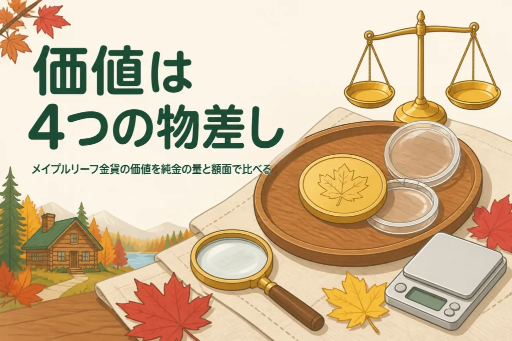 メイプルリーフ金貨の価値を純金の量と額面で比べる記事のアイキャッチ