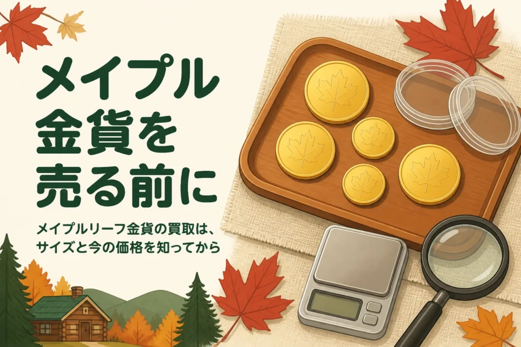 メイプルリーフ金貨の買取を考える人向けの、金色のコインとはかりのイラスト