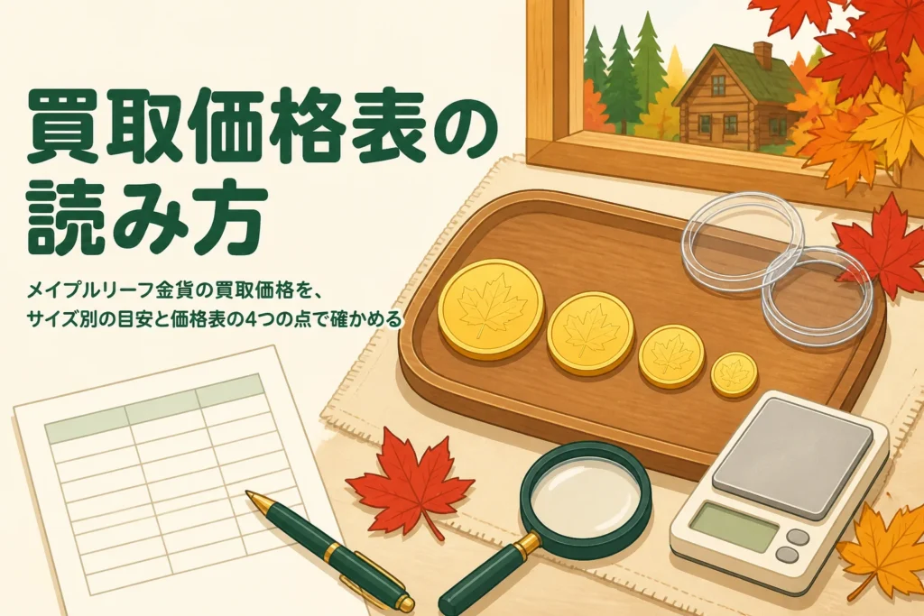サイズ別のメイプルリーフ金貨の買取価格を確かめる、コインと価格表のイラスト