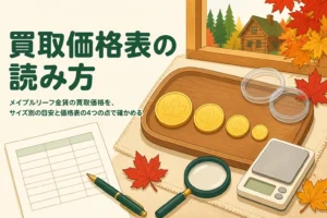 サイズ別のメイプルリーフ金貨の買取価格を確かめる、コインと価格表のイラスト