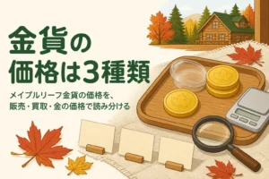 メイプルリーフ金貨の価格の3つの種類を表す、金色のコインと値札のイラスト