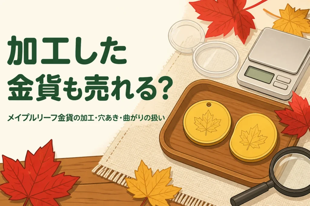 穴のあいたメイプルリーフ金貨をルーペで見るイメージのイラスト