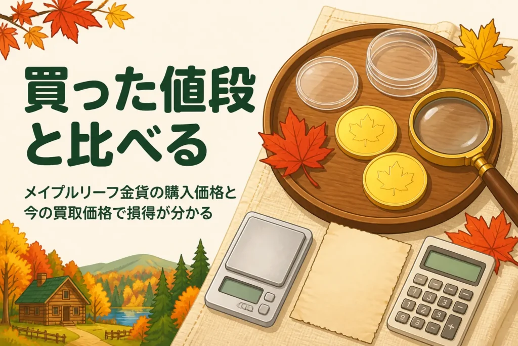 メイプルリーフ金貨の購入価格と今の価格を比べるアイキャッチ