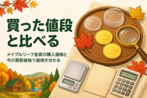 メイプルリーフ金貨の購入価格と今の価格を比べるアイキャッチ