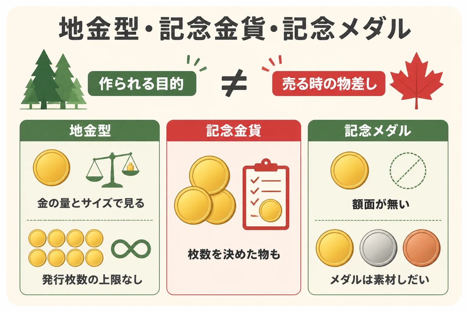 地金型金貨・記念金貨・記念メダルの違いをまとめた図解
