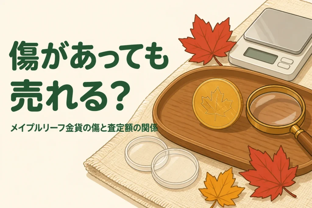 傷のあるメイプルリーフ金貨をルーペで見るイメージのイラスト