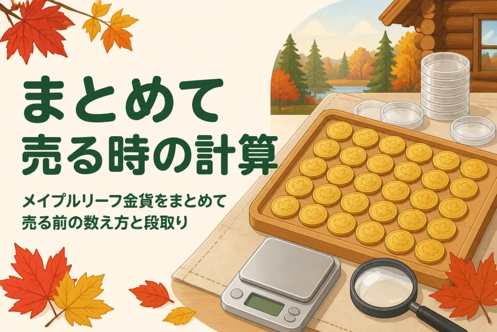 メイプルリーフ金貨をまとめて売る時の計算を表したアイキャッチ