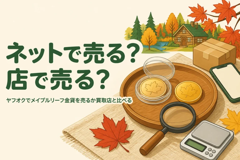 ヤフオクでメイプルリーフ金貨を売るか迷う様子を表したアイキャッチ