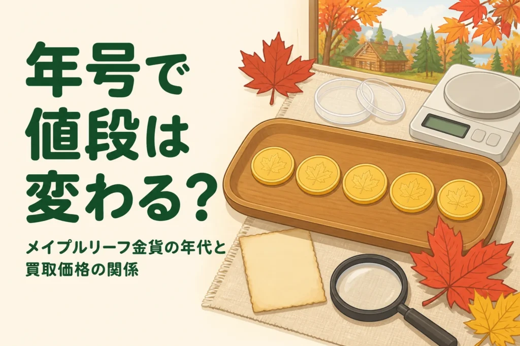 年代の違うメイプルリーフ金貨を並べて比べるイメージのイラスト