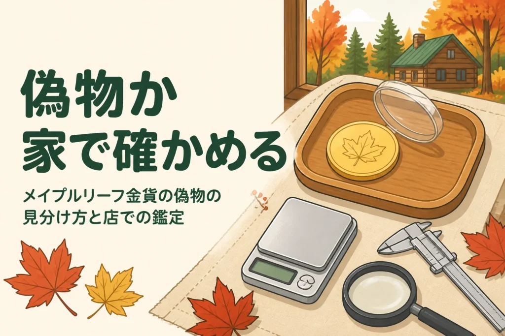 メイプルリーフ金貨の重さと大きさを量って偽物かどうか確かめるイメージのイラスト