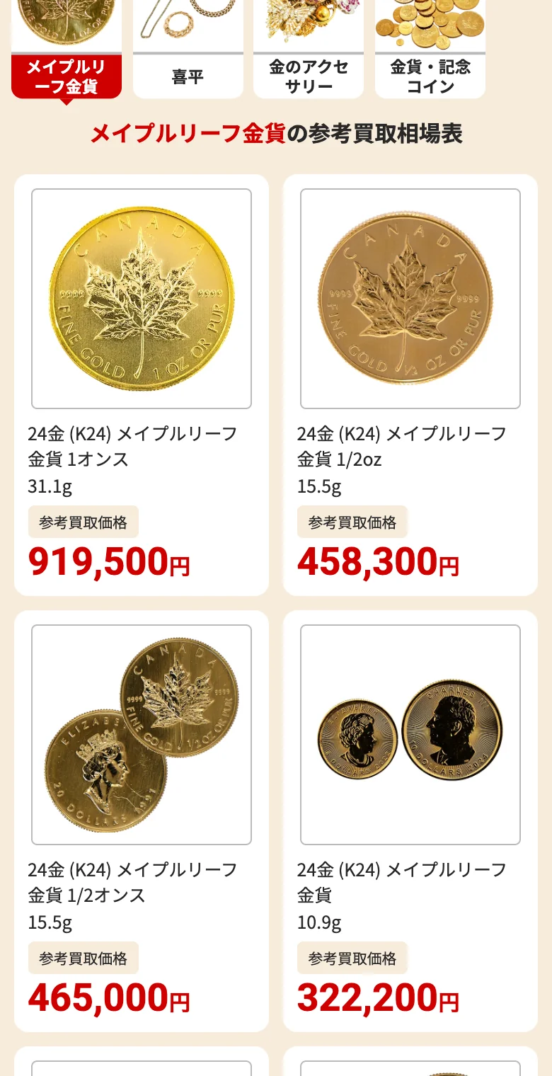 おたからや公式サイトのメイプルリーフ金貨の参考買取相場表