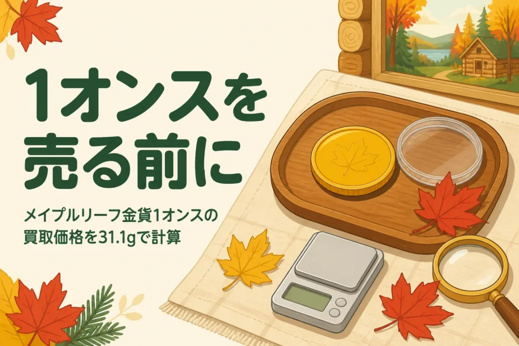 メイプルリーフ金貨1オンスの買取価格の計算を表すアイキャッチ