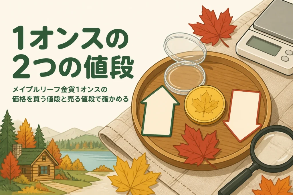 メイプルリーフ金貨1オンスの販売価格と買取価格を表すアイキャッチ