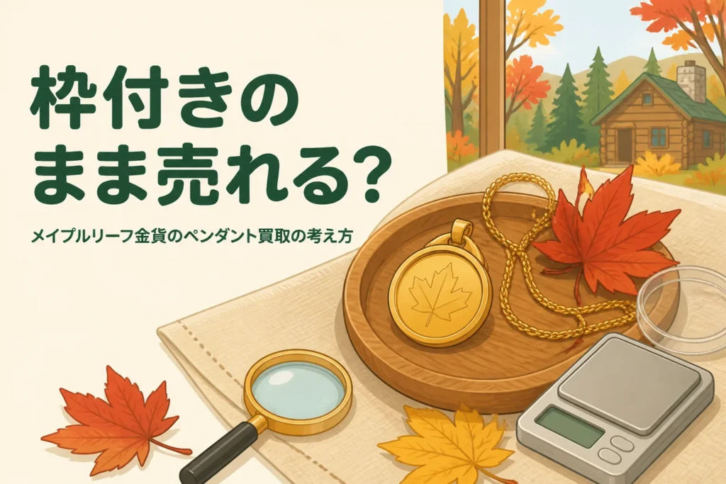 枠付きのメイプルリーフ金貨のペンダントのイメージのイラスト