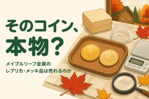 本物のメイプルリーフ金貨とレプリカを見比べるイメージのイラスト
