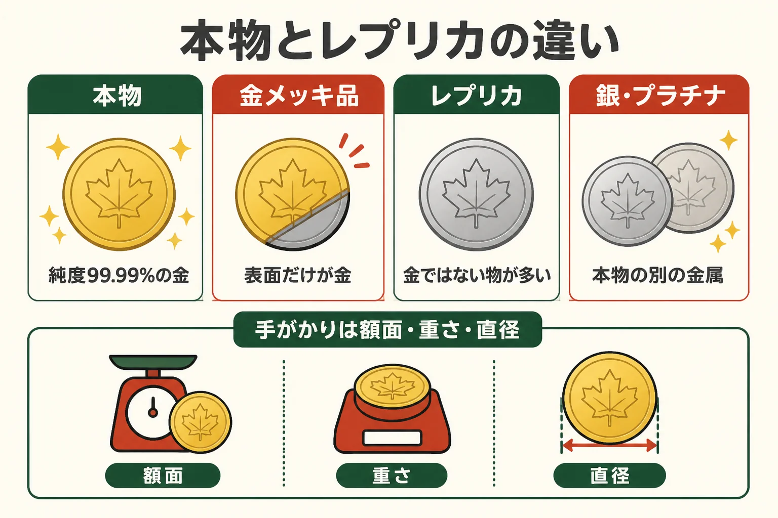 本物の金貨とレプリカ・メッキ品の違いをまとめた図解