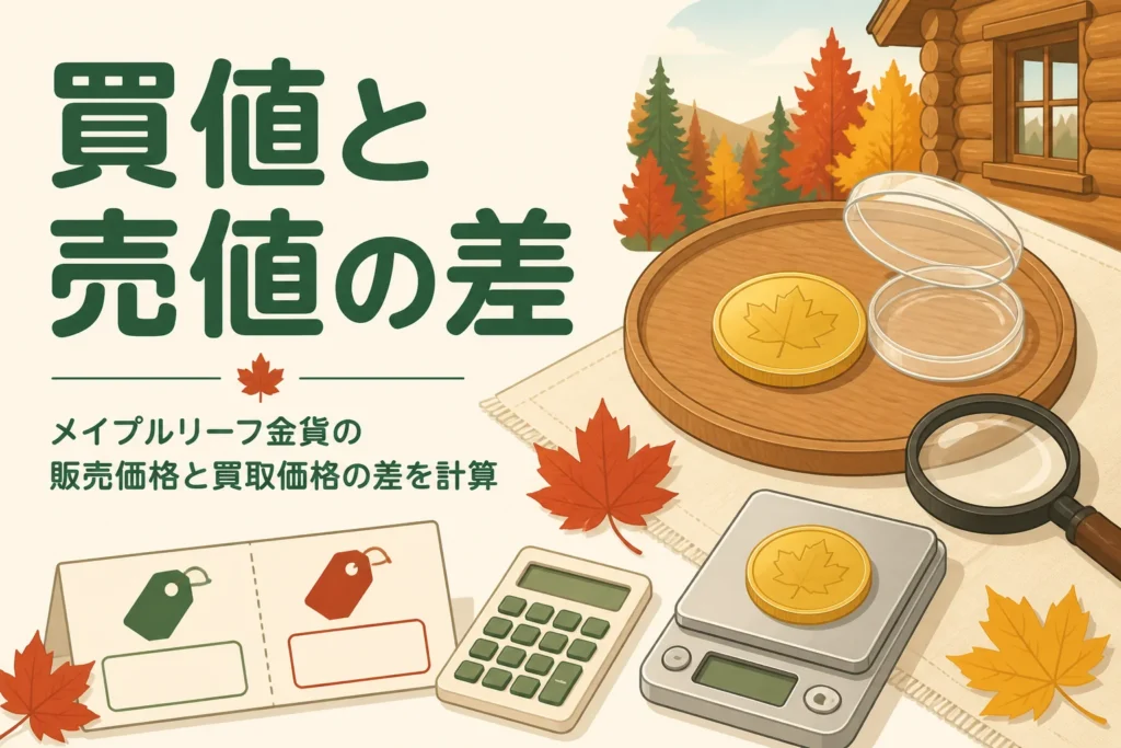 メイプルリーフ金貨の販売価格と買取価格の差を計算する記事のアイキャッチ