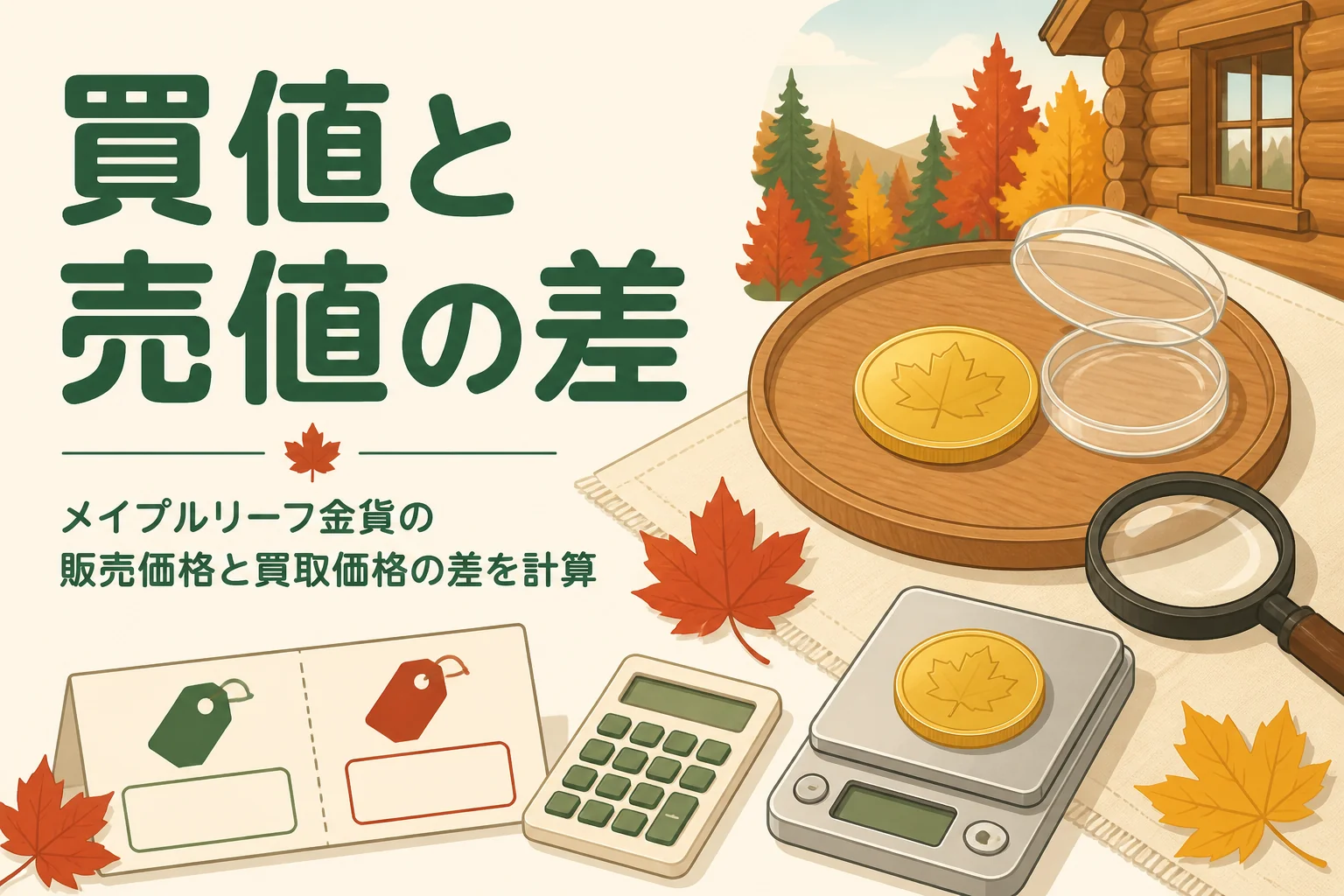 メイプルリーフ金貨の販売価格と買取価格の差を計算する記事のアイキャッチ