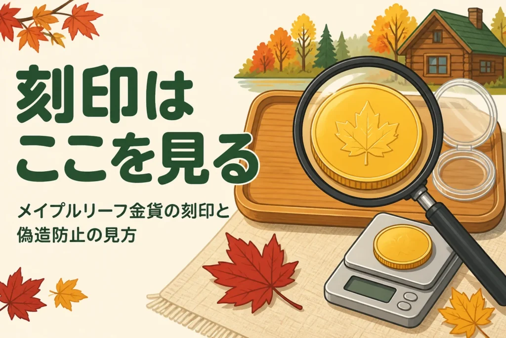 メイプルリーフ金貨の刻印をルーペで確かめるイメージのイラスト