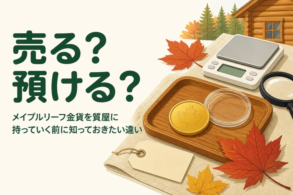 メイプルリーフ金貨を質屋で売るか預けるかを表すアイキャッチ