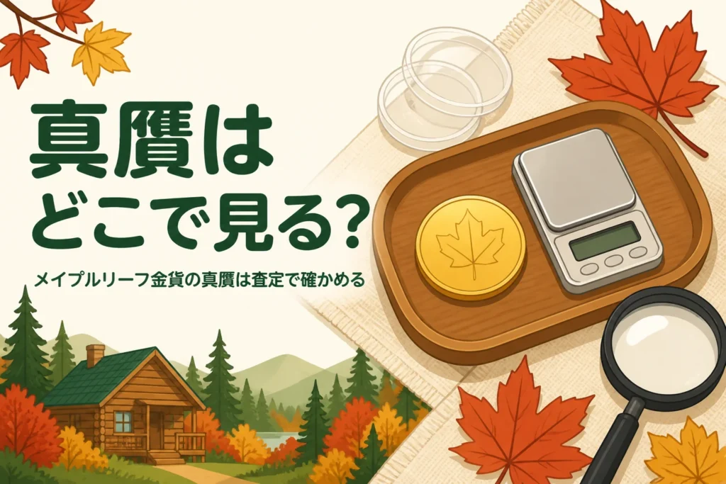 メイプルリーフ金貨の真贋を確かめるイメージのイラスト