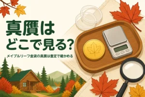 メイプルリーフ金貨の真贋を確かめるイメージのイラスト