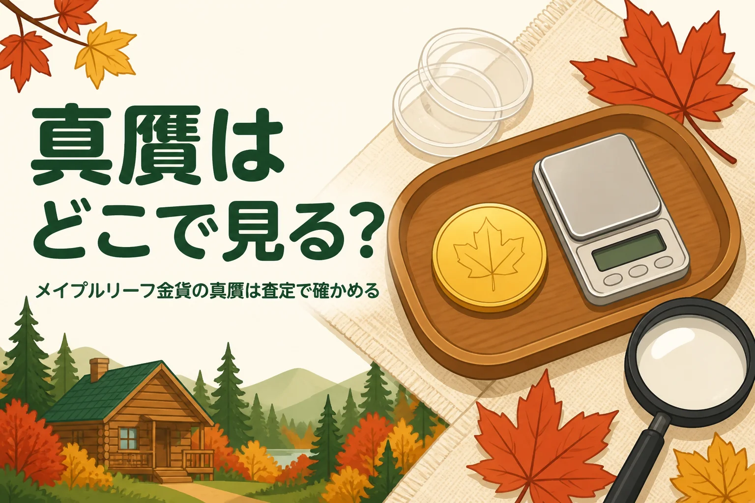 メイプルリーフ金貨の真贋を確かめるイメージのイラスト