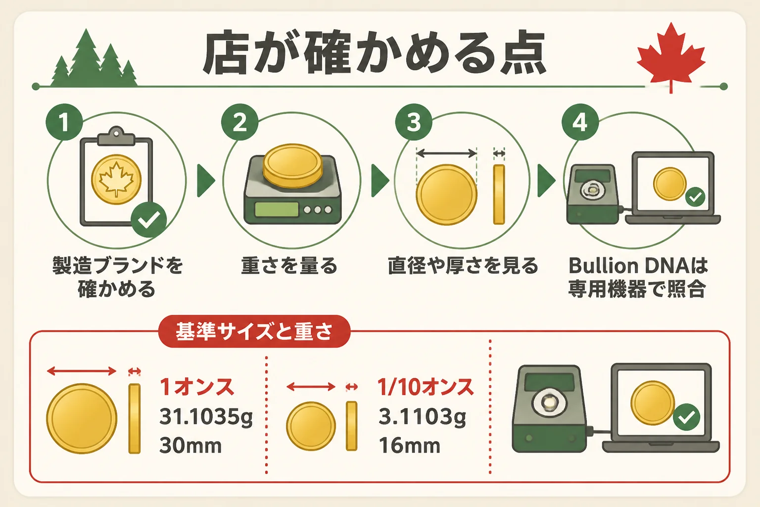 メイプルリーフ金貨の真贋を店で確かめる時に見られるポイントの図解
