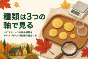 メイプルリーフ金貨の種類の見分け方を案内する記事のアイキャッチ