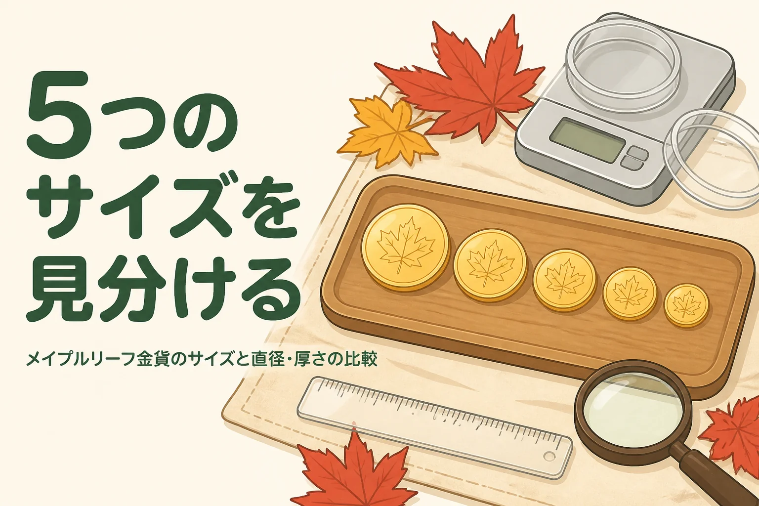 メイプルリーフ金貨のサイズの違いを表すアイキャッチ