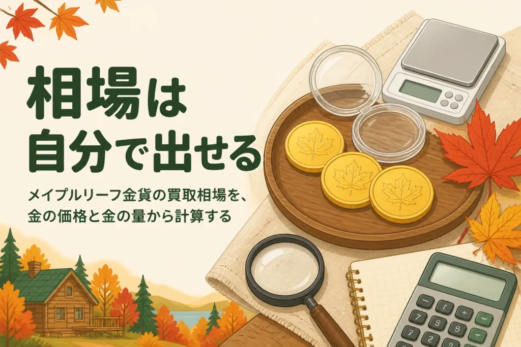 メイプルリーフ金貨の買取相場を計算する、コインと電卓のイラスト