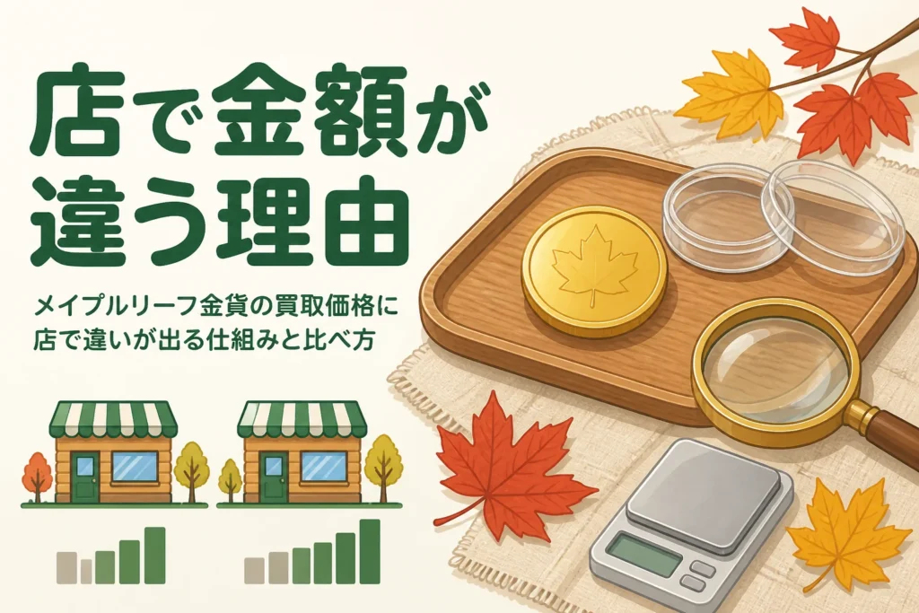 メイプルリーフ金貨の買取価格が店で違う理由を表すアイキャッチ