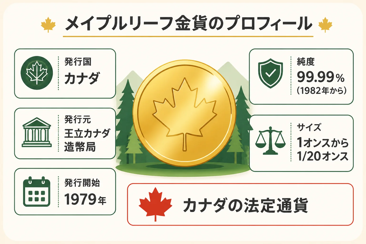 メイプルリーフ金貨の基本プロフィールをまとめた図解