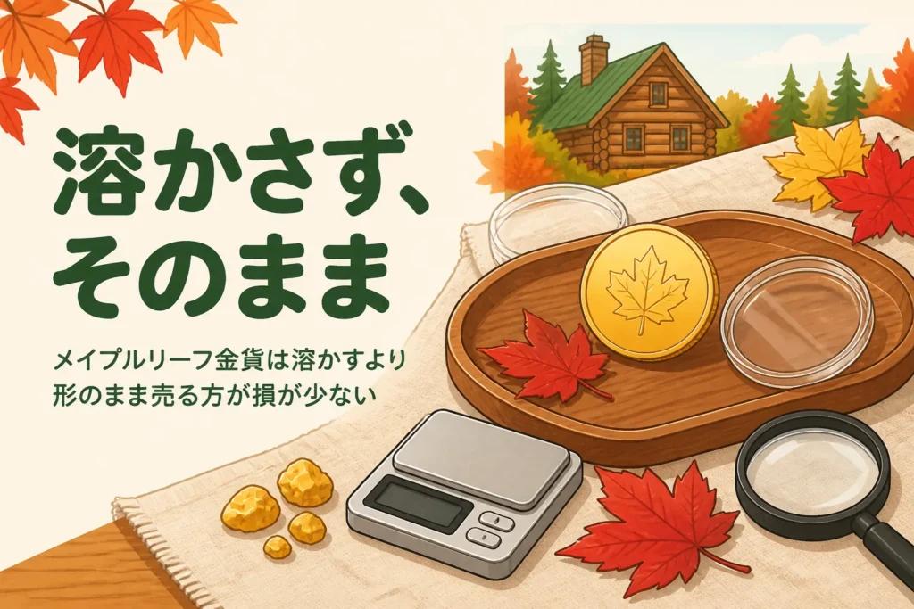 メイプルリーフ金貨を溶かすか形のまま売るかを表したアイキャッチ