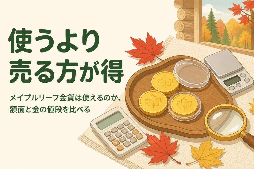 メイプルリーフ金貨は使えるのかを額面と金の値段で比べる記事のアイキャッチ